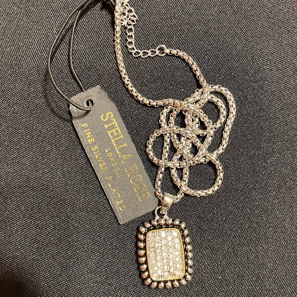 18” Silver Toned Box Chain w/ Studs & Stones on Rounded Square Pendant - Picture 2 of 5